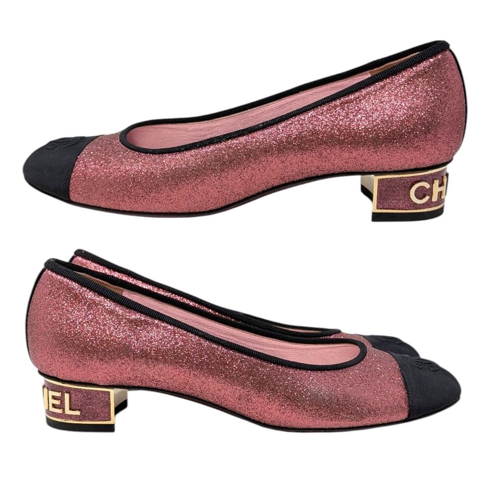 Chanel Ballet Block Heel Pumps Pink Glitter Grosgrain Cap Toe CC Logo 37.5 | 7 - Picture 6 of 13